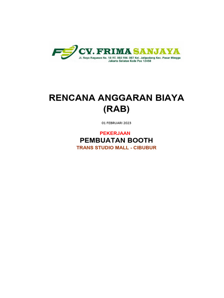 RAB Pembuatan Booth TSM Cibubur | PDF