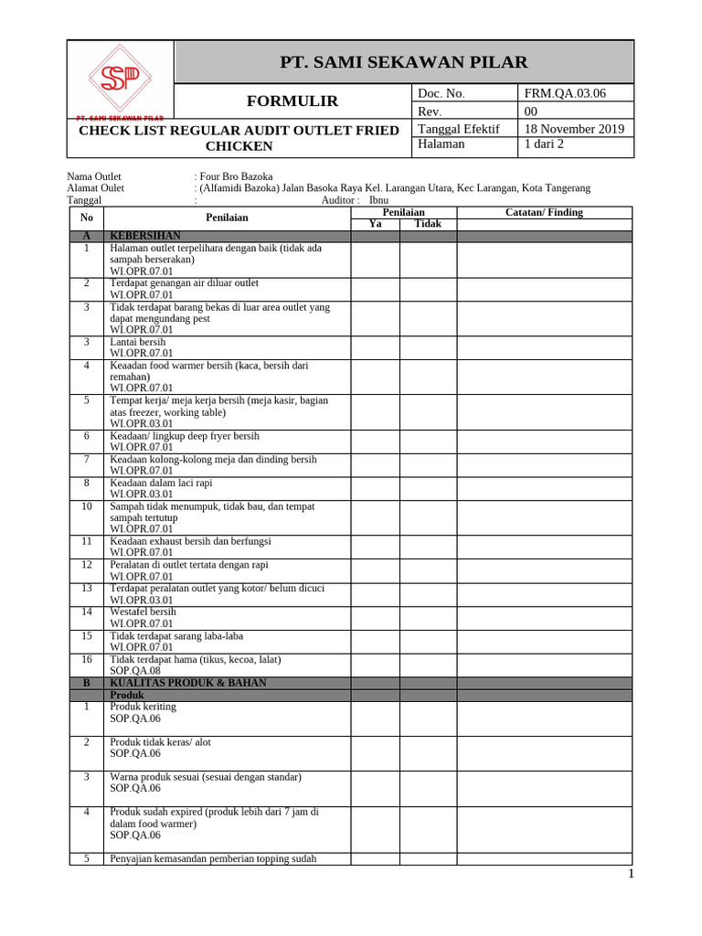 Audit Rutin Outlet Fried Chicken | PDF
