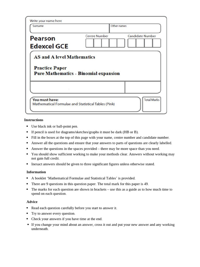 As Mathematics - Practice Paper - Binomial Expansion | PDF | Applied ...