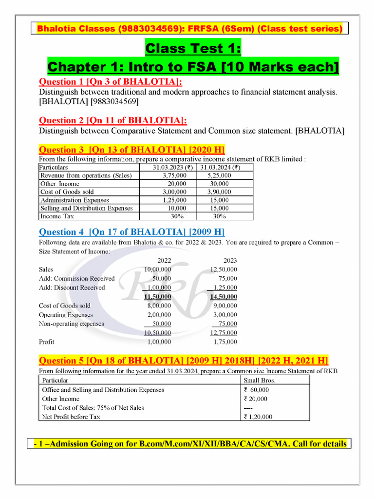 Frfsa Class Test Series (Bhalotia) | PDF