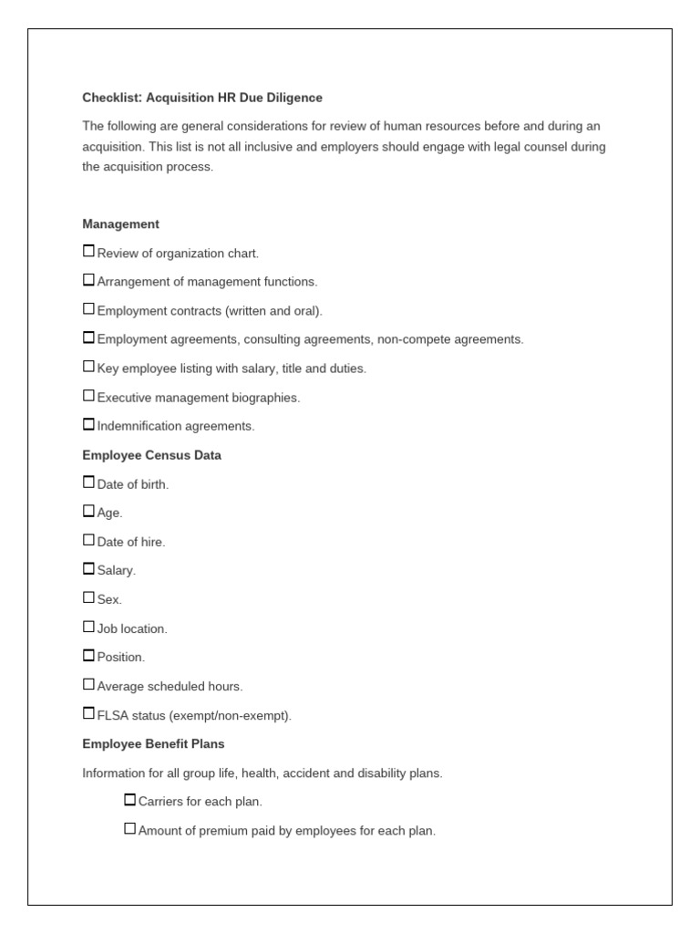 Checklist Acquisition HR Due Diligence Sample - Fieds | PDF ...