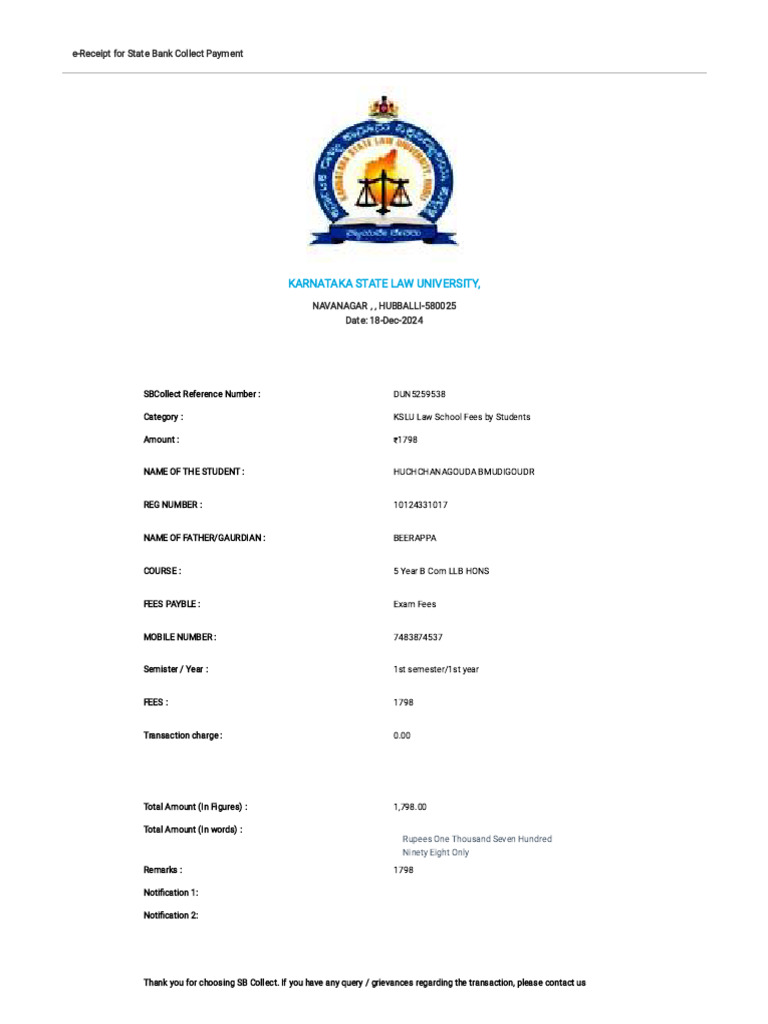 KSLU e-Receipt for Law School Fees | PDF