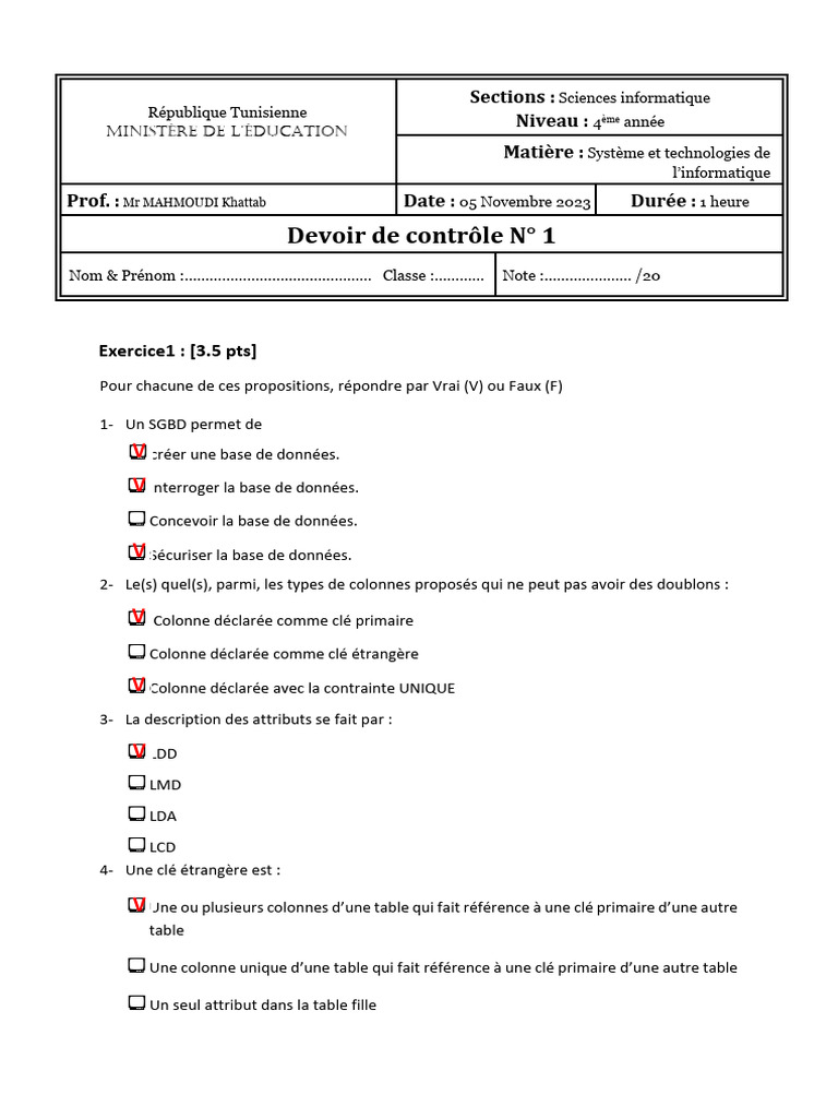 Devoir de contrôle en Système Informatique | PDF | Bases de données | Html