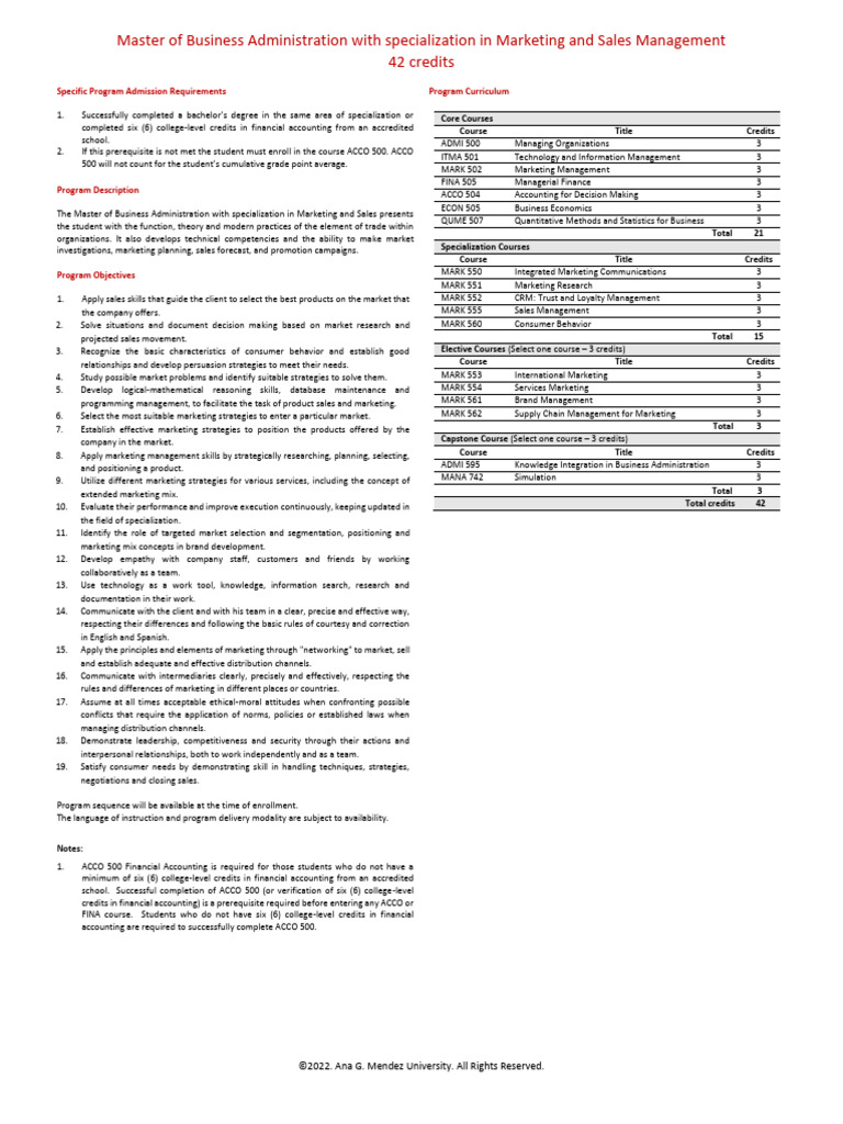 MBA in Marketing and Sales Management | PDF | Marketing | Master Of ...