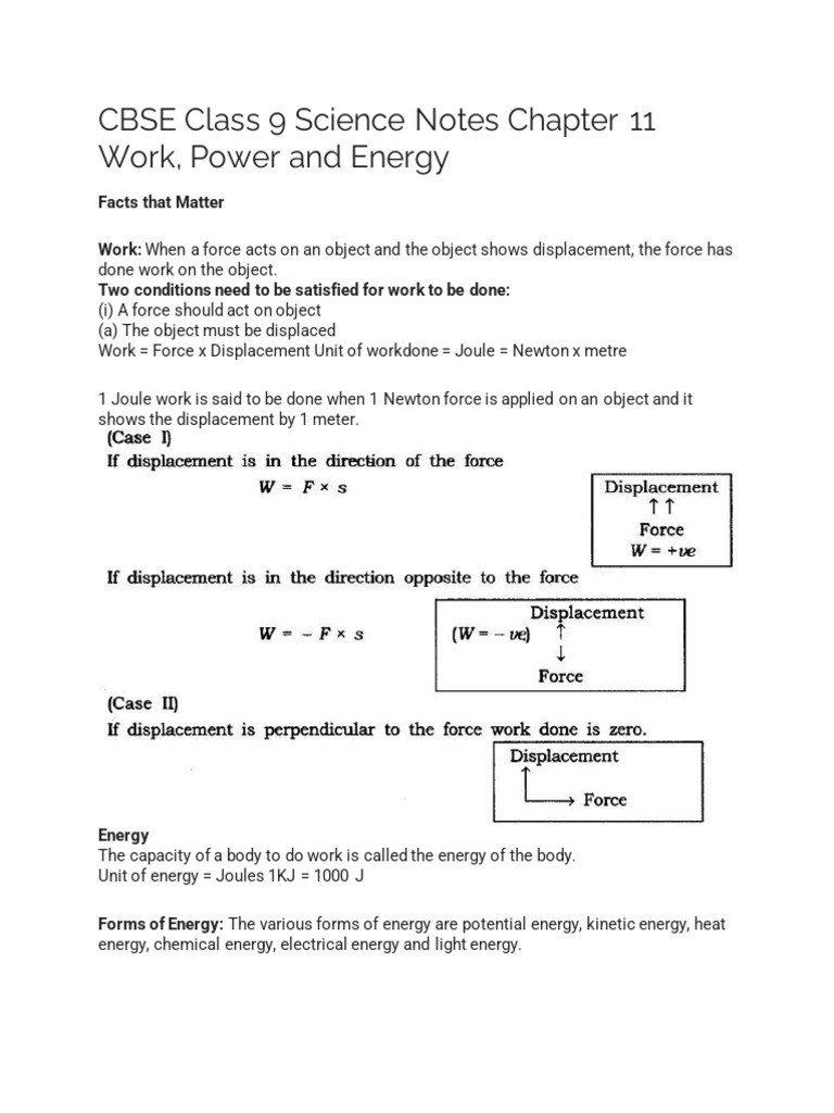 Class 9 Science: Work and Energy Notes | PDF | Potential Energy | Force