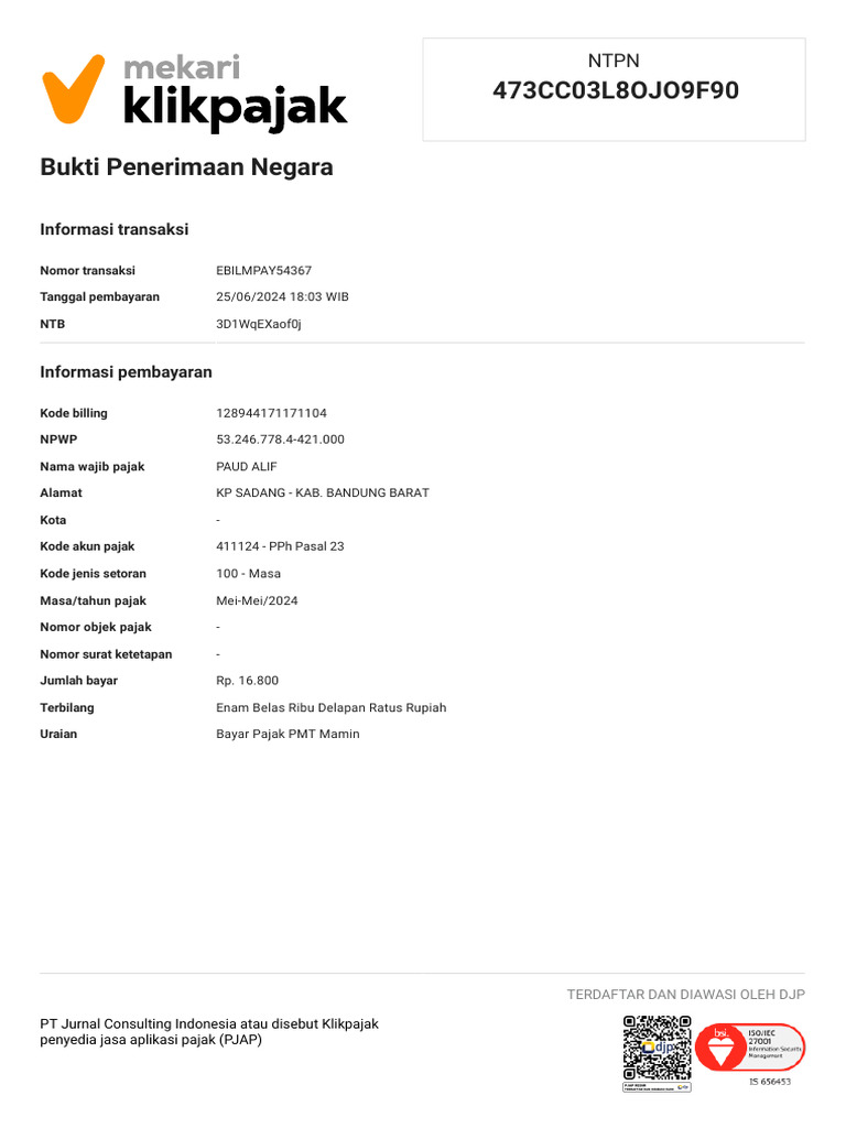 Bukti Pembayaran Pajak NTPN 473CC03 | PDF