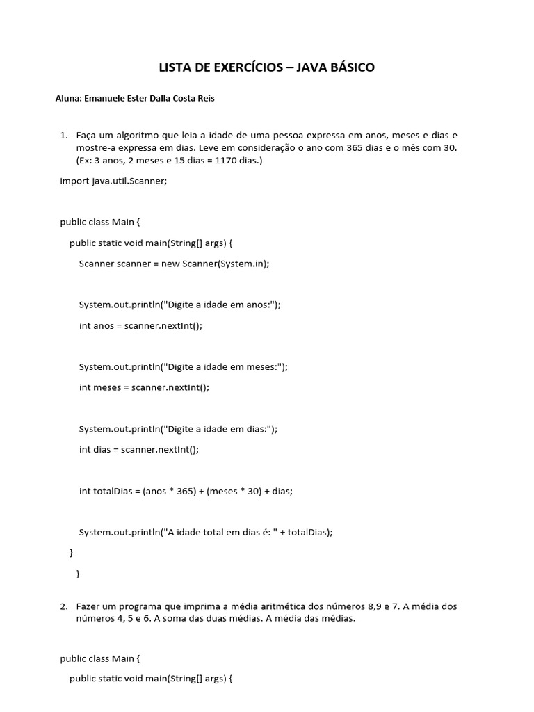 Lista de Exercicios JAVA Basico | PDF | Java (linguagem de programação ...