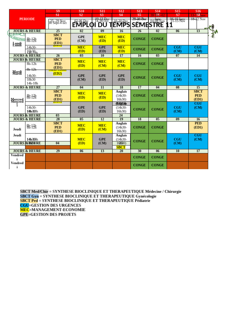 Emploi du temps semestre 11 2024-2025 | PDF