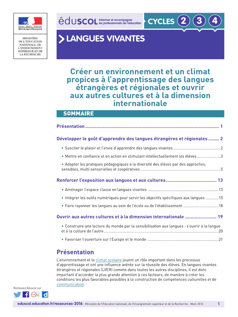 Climat propice à l'apprentissage des langues | PDF | Apprentissage ...