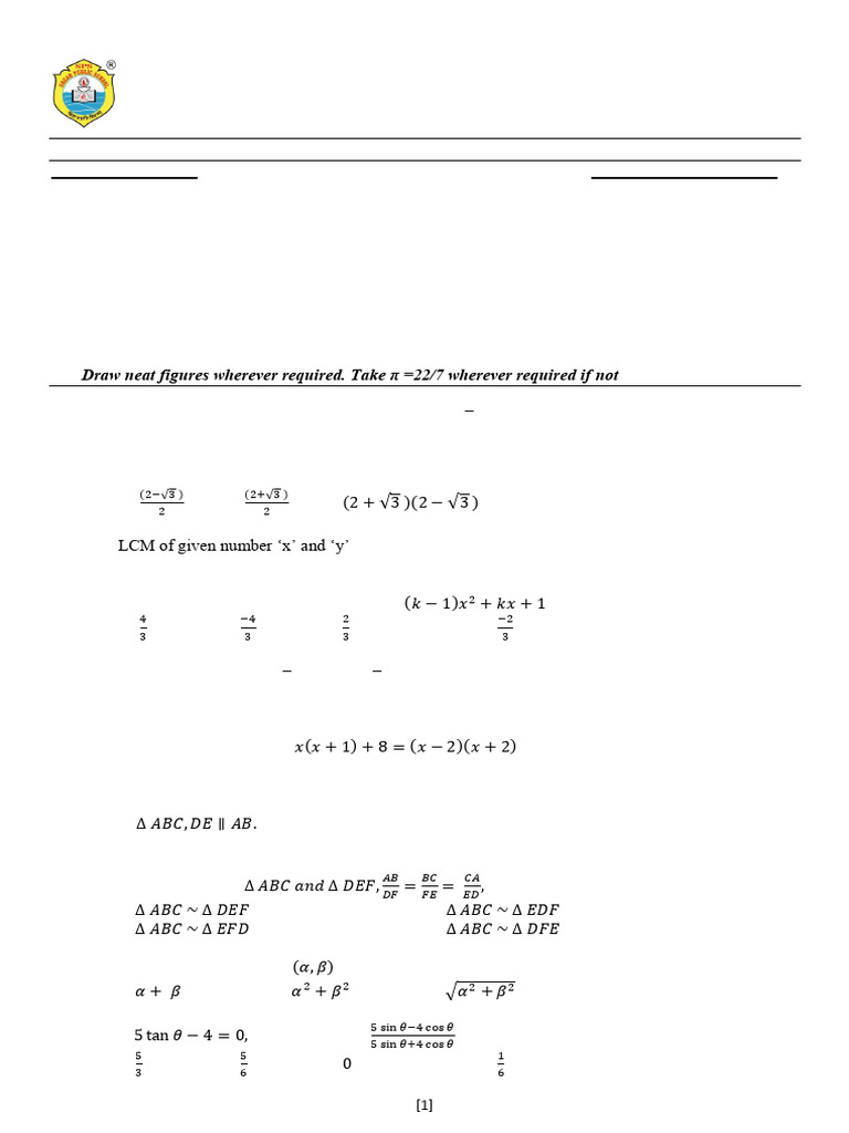 04 - Mathematics - X - PB I - Set B - QP | PDF | Circle | Equations
