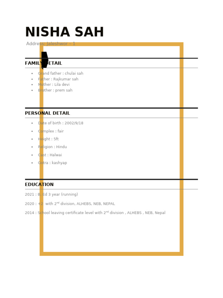 Nisha Sah: Personal and Educational Profile | PDF