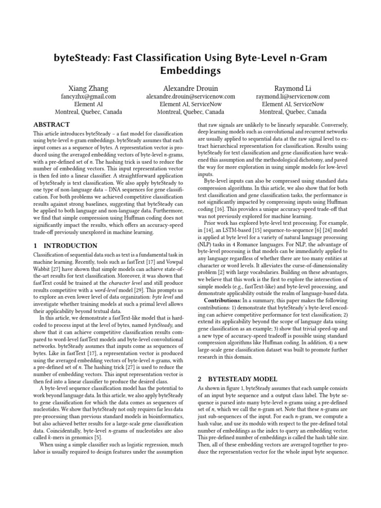Bytesteady fast classification using byte level n gram embeddings