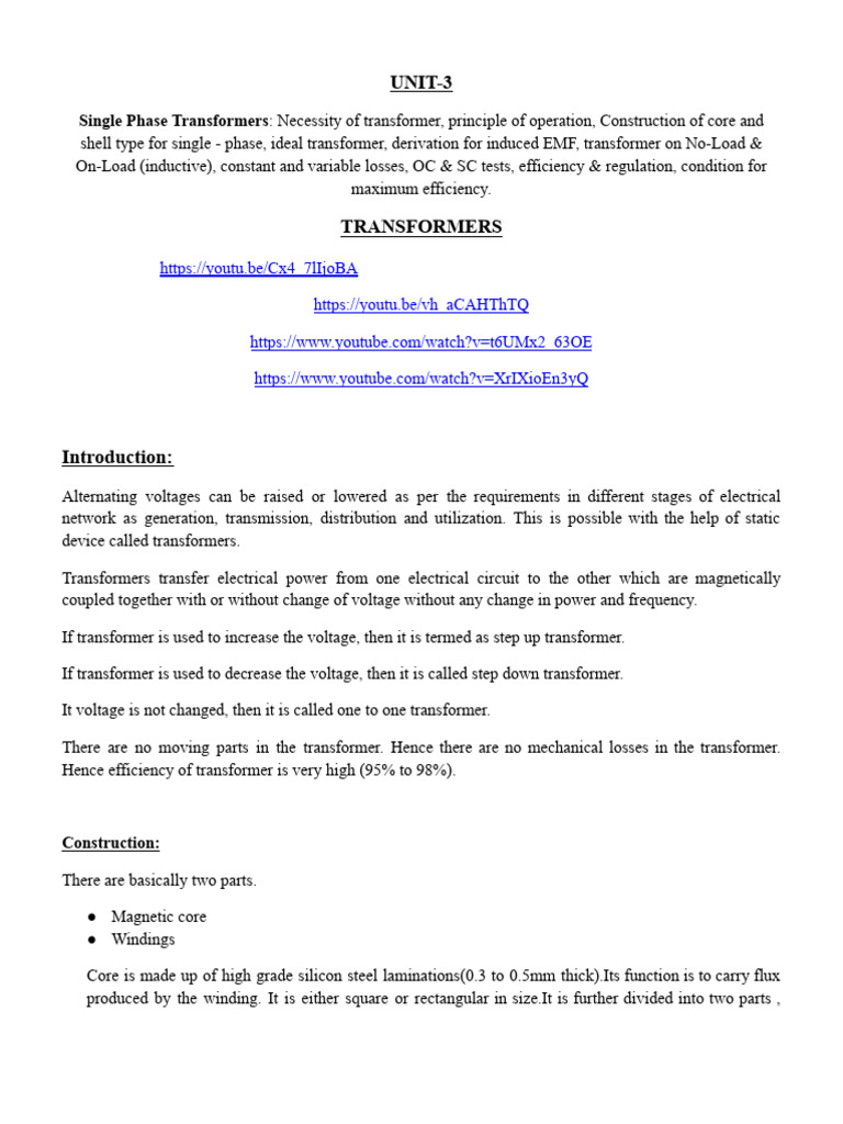 transformers notes unit 2.docx | PDF | Transformer | Inductor