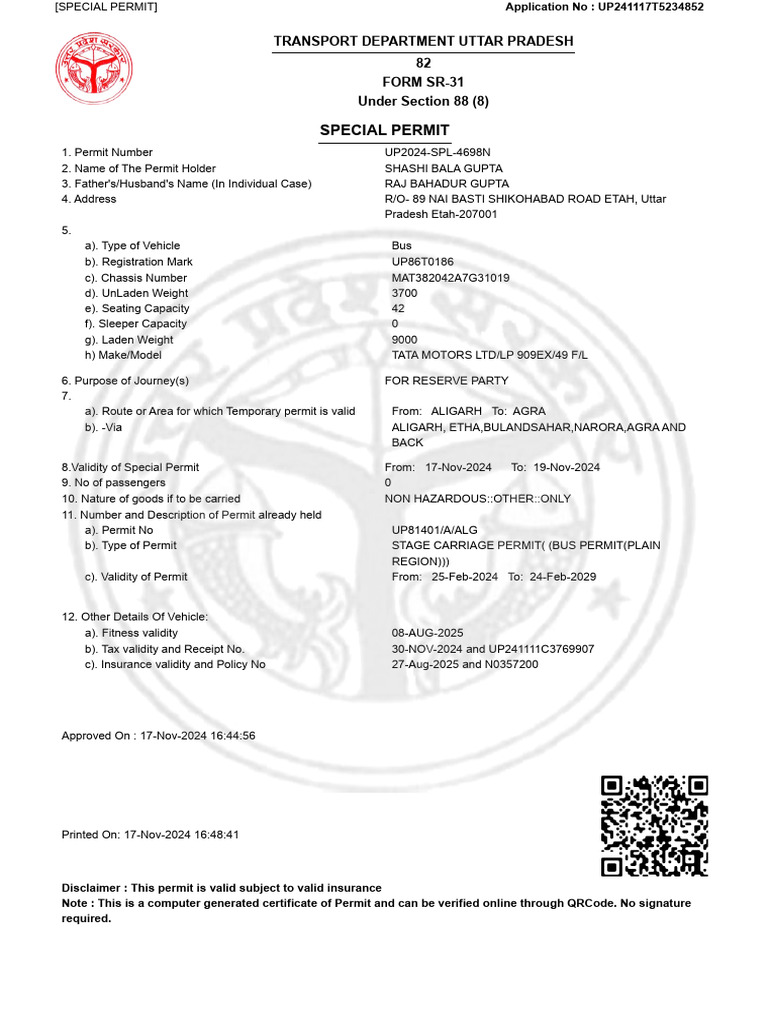 Special Permit for Bus Transport | PDF | Motor Vehicle | Land Transport