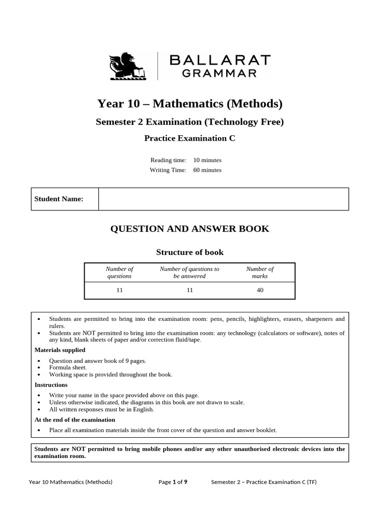 Year 10 Maths Methods Practice Exam | PDF | Equations | Books