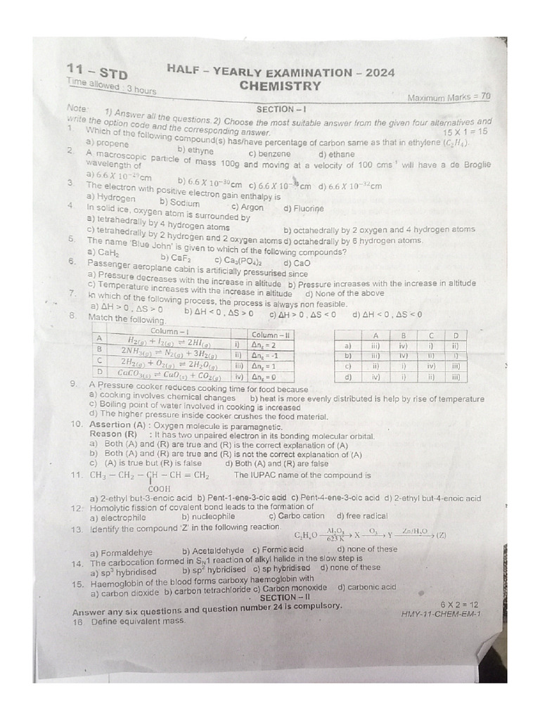 11th Chemistry Half Yearly Exam 2024 Original Question Paper Thanjavur ...
