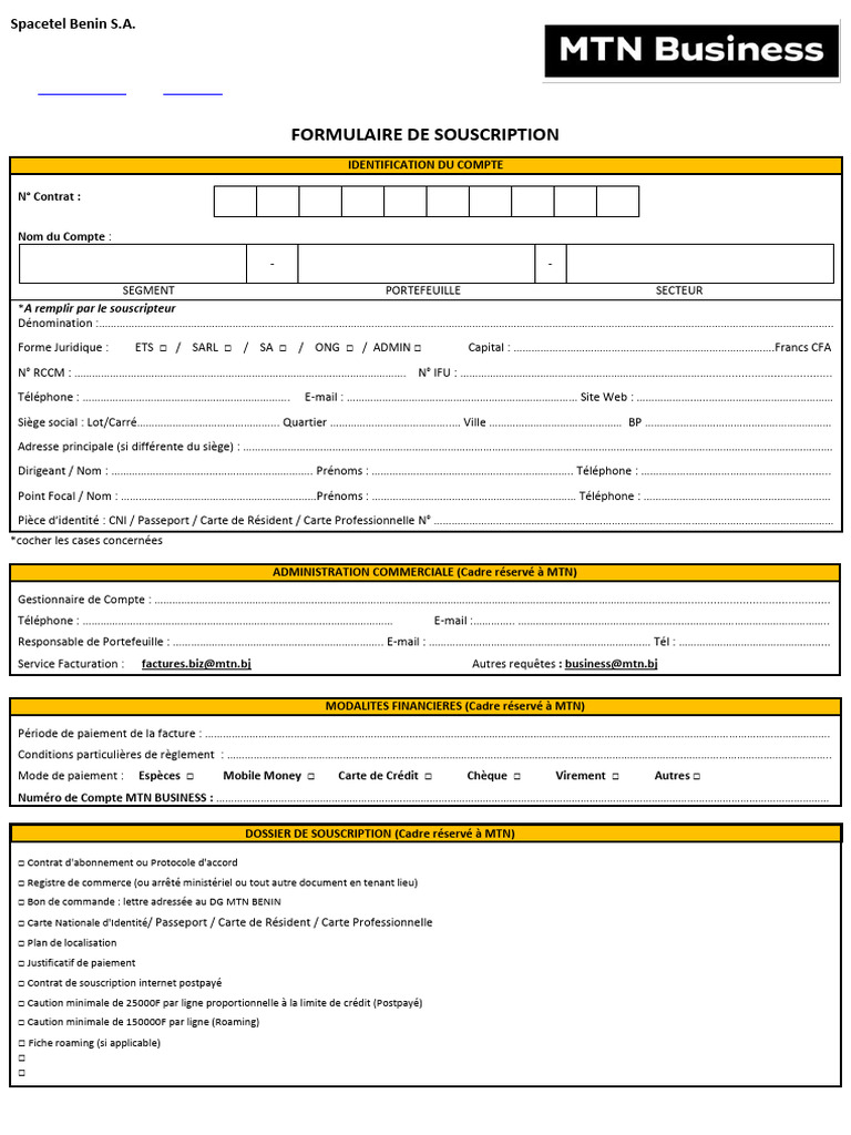 Formulaire de Souscription MTN Bénin | PDF | Facture