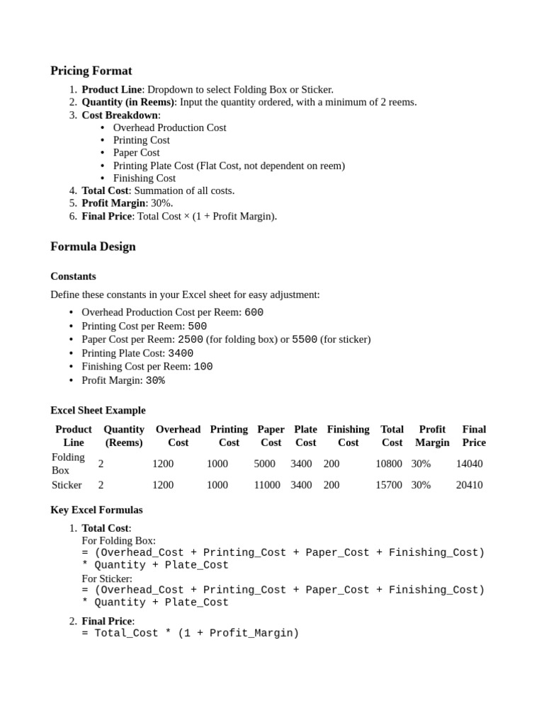 Pricing Format for Boxes and Stickers | PDF