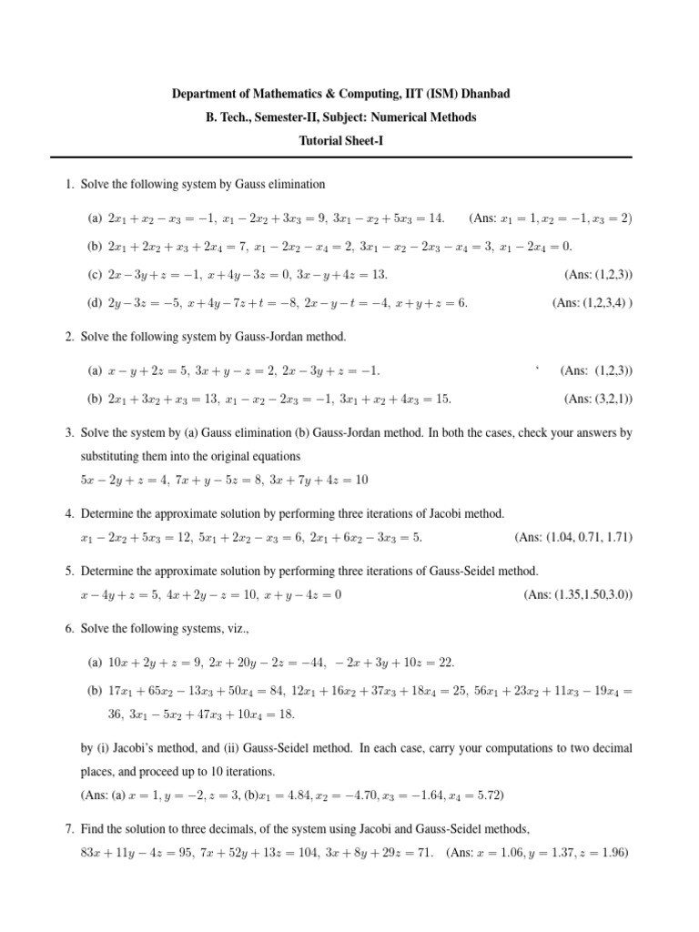 Numerical Methods Tutorial Sheet Solutions | PDF | Linear Algebra ...