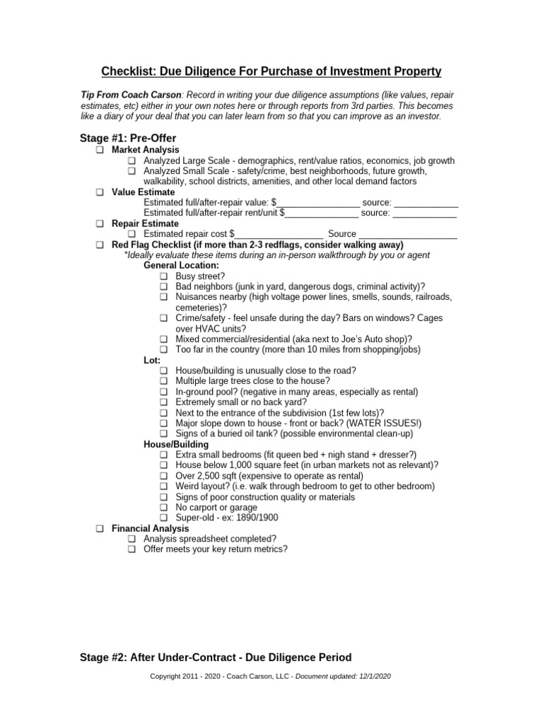 Real Estate Investment Checklist - Due Diligence | PDF | Leasehold ... - Investment Property Due Diligence Checklist
