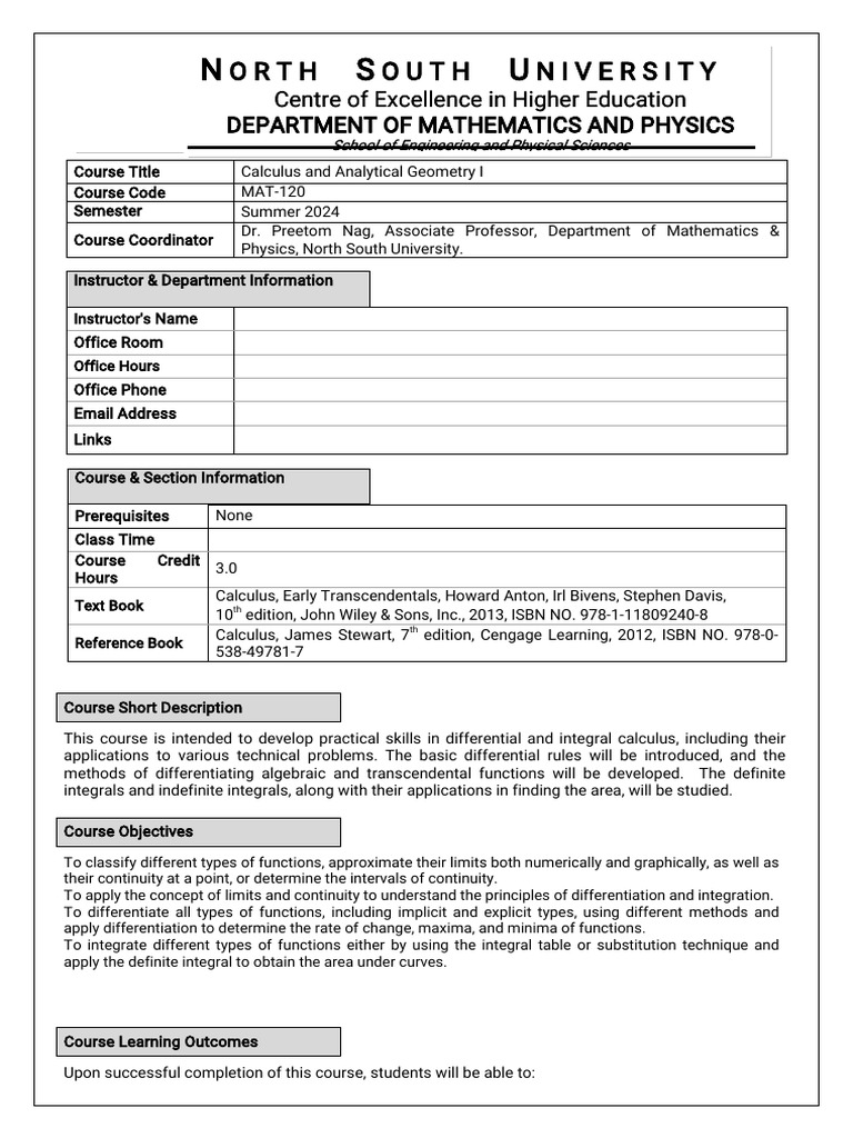 Course Outline MAT 120 Summer 2024 - h847748 | PDF