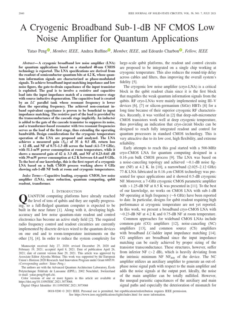 Quantum Cryogenic CMOS LNA Design | PDF | Amplifier | Cmos