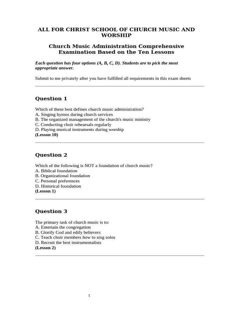 Church Music Administration Exam Guide | PDF | Choir