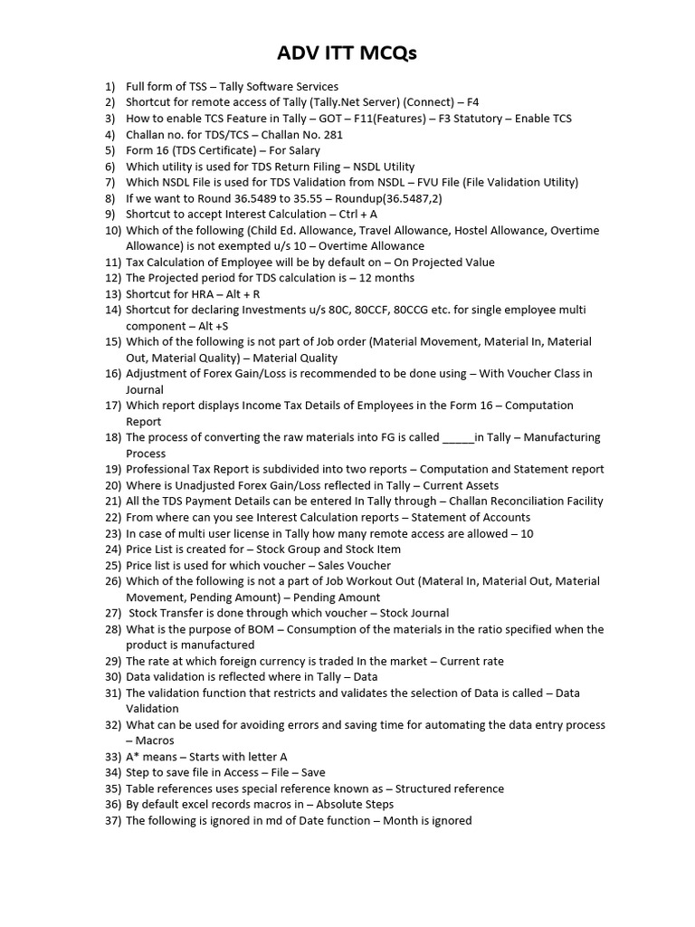 Adv ITT MCQS | PDF | Microsoft Excel | Stocks