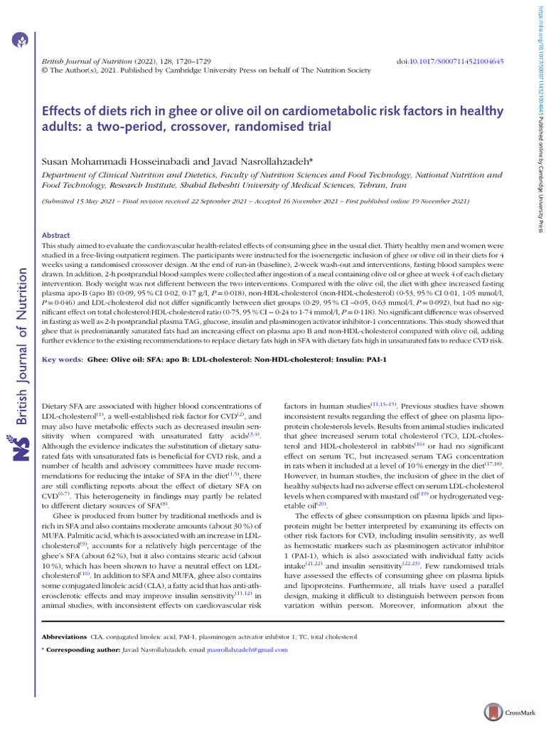 Effects of Diets Rich in Ghee or Olive Oil On Cardiometabolic Risk ...