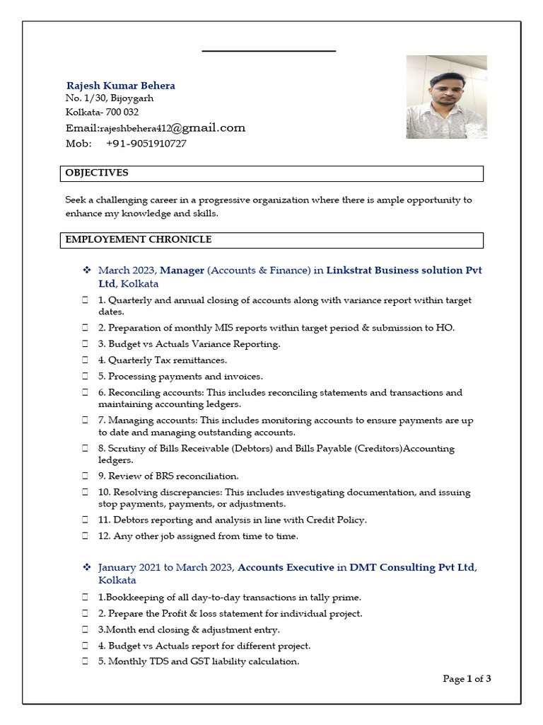 Rajesh Kumar Behera CV: Accounts & Finance Manager | PDF | Accounts ...