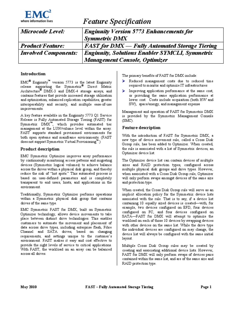 Feature Specification May 2010 FAST Fully Automated Storage Tiering PDF Disk Storage