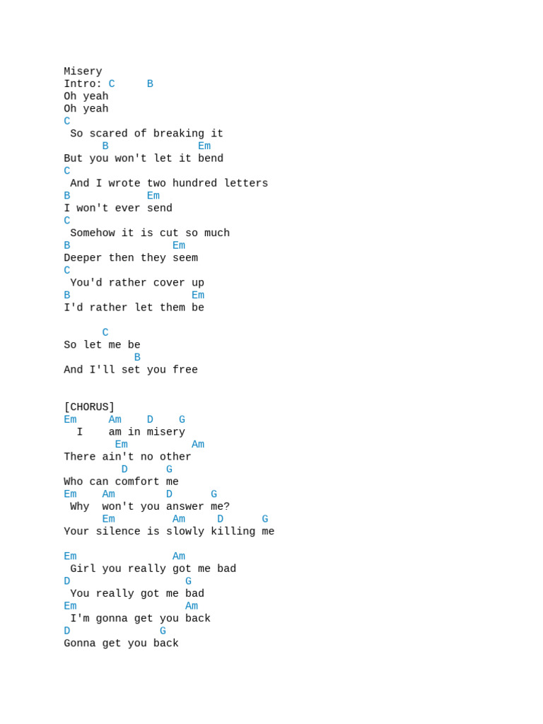 Misery Lyrics and Chords Guide | PDF