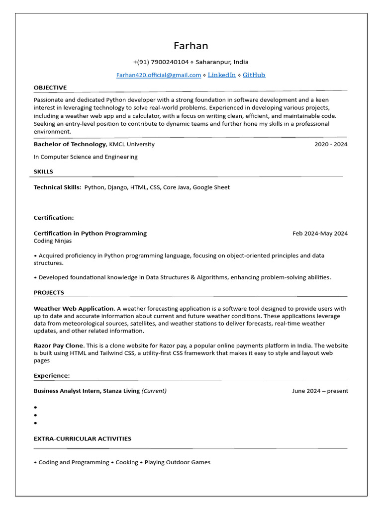 Python Developer Resume Overview | PDF