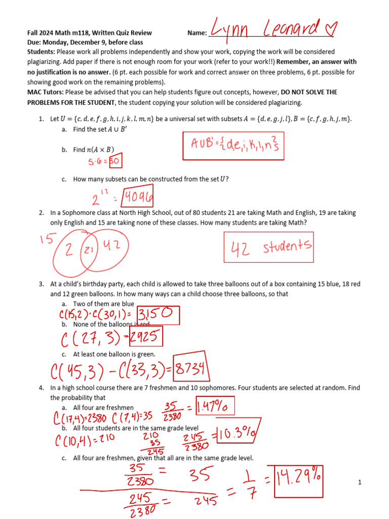 Fall 2024 Math M118 Quiz Review Guide | PDF | Applied Mathematics | Algebra