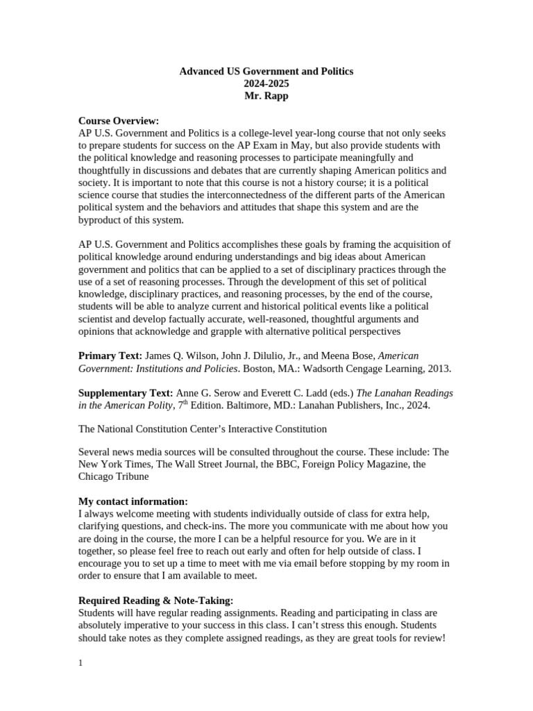 AP U.S. Government Course Overview 2024-2025 | PDF | Human ...