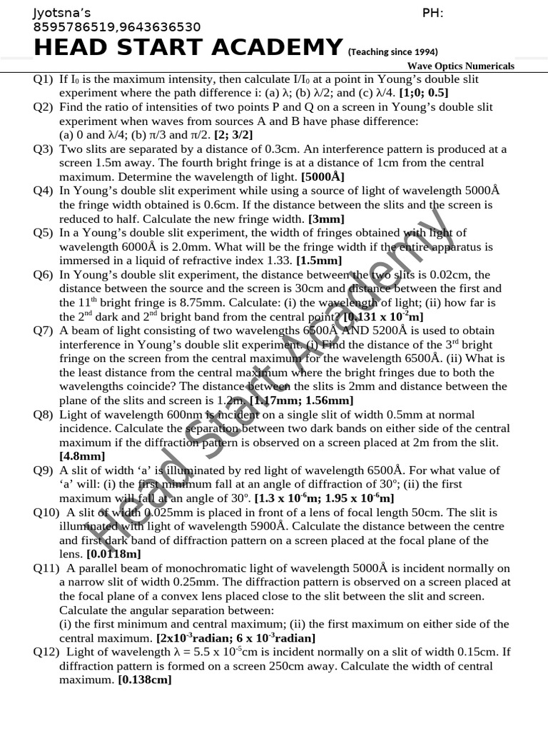 Wave Optics Numericals Pdf Diffraction Wavelength