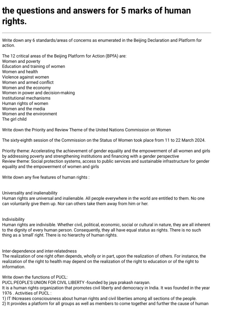 questions and answers of human rights for 5 marks | PDF | Human Rights ...