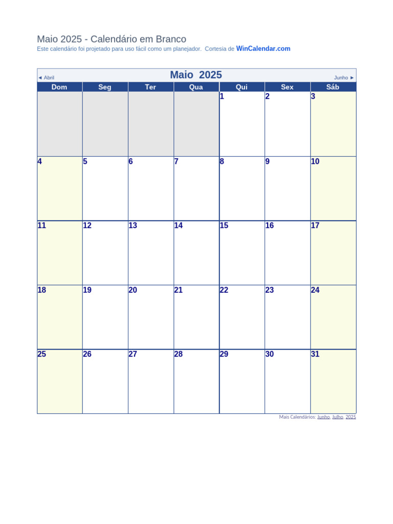Calendário de Maio 2025 para Planejamento | PDF