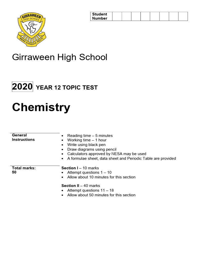 Year 12 Chemistry Topic Test 2020 | PDF | Reaction Rate | Chemical ...