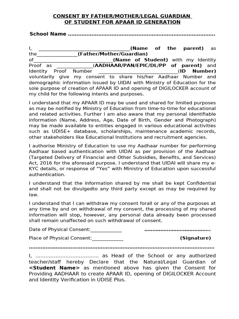 Consent Form for APAAR ID Generation | PDF | Human Rights | Justice