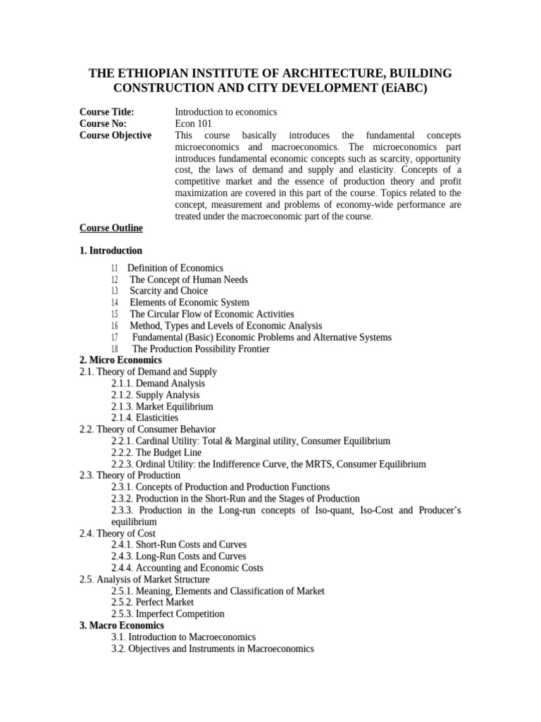 Course Outline Econ 101 (March2015) | PDF | Microeconomics | Economics