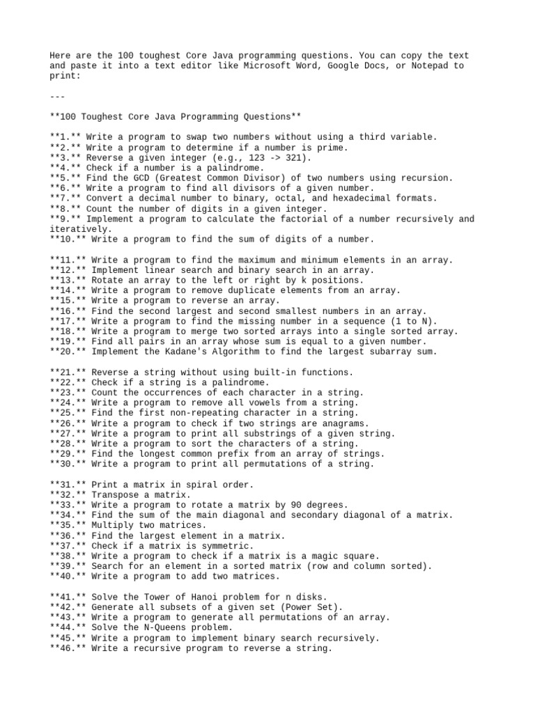 Here are the 100 toughest Core Java | PDF | Matrix (Mathematics ...