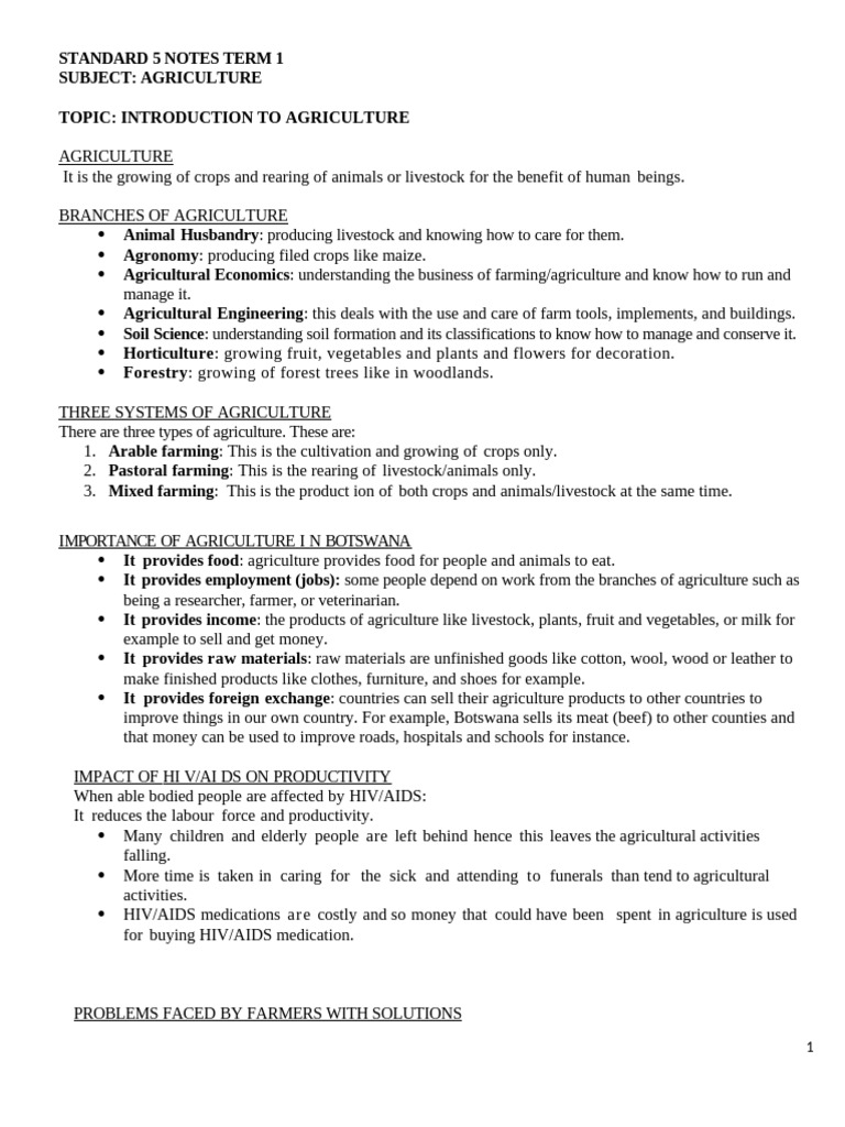 Standard 5 Agriculture Term 1 Notes | PDF | Soil | Soil Fertility