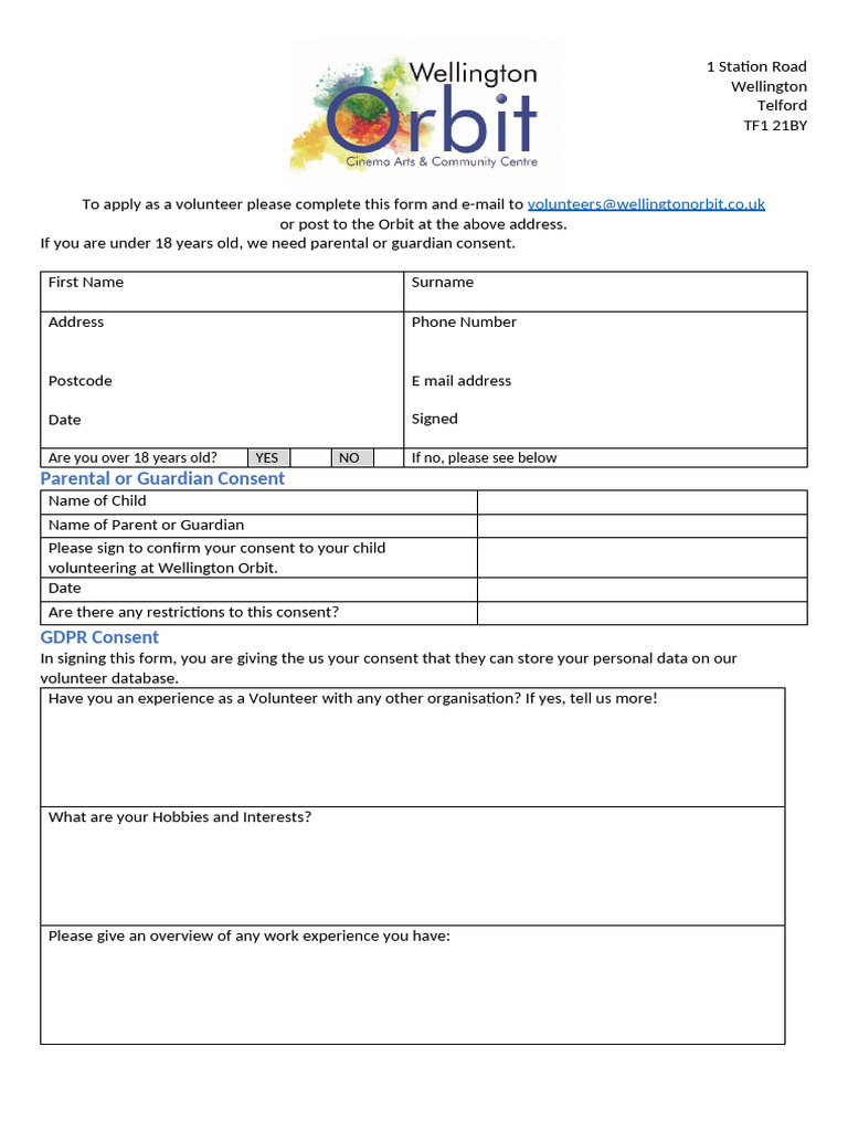 Volunteer Application Form for Wellington Orbit | PDF