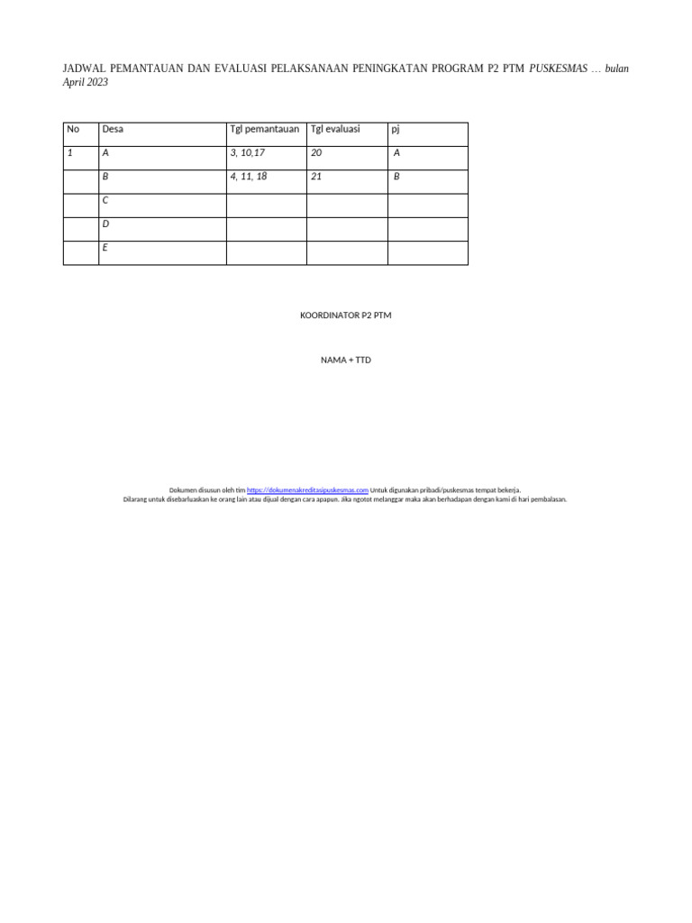 Jadwal Evaluasi Program P2 PTM Puskesmas | PDF