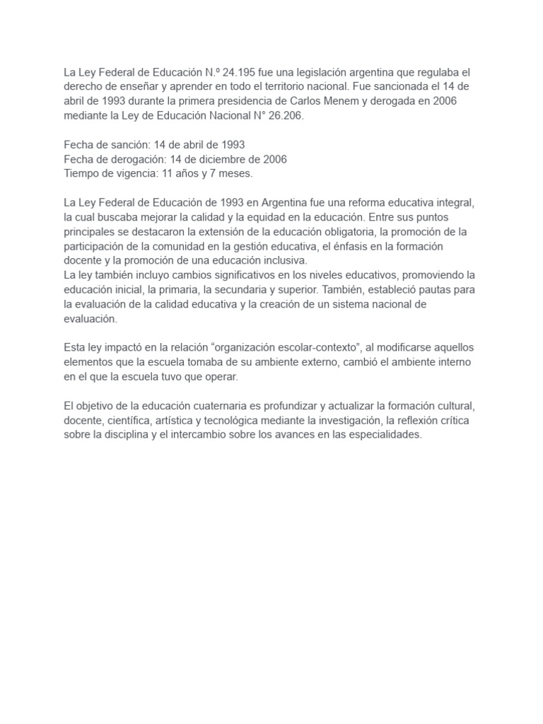 Ley Federal de Educación en Argentina 1993 | PDF