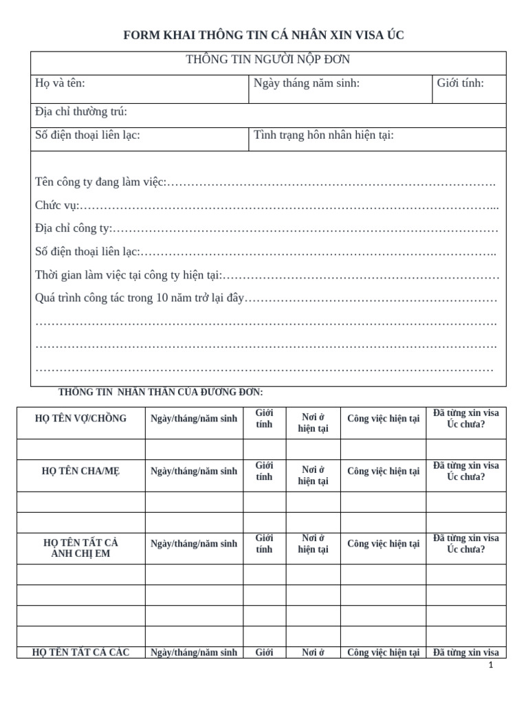 Form Khai Thong Tin CA Nhan - Ho Tro Visa Uc | PDF