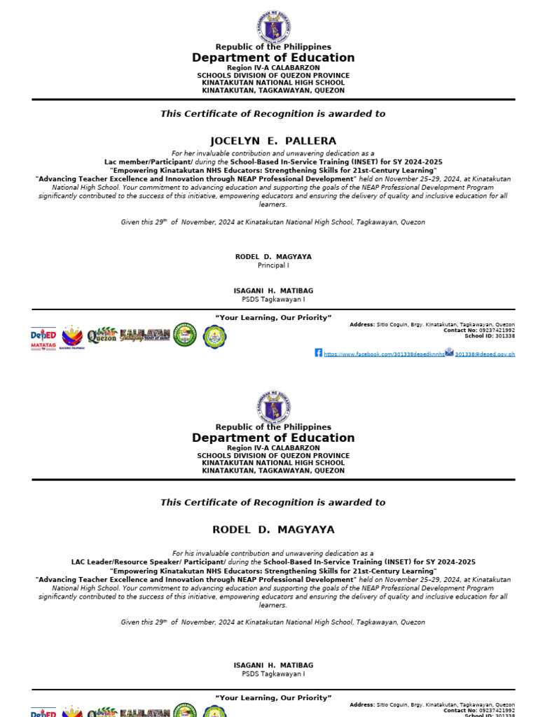 NEAP INSET 2024 Certificate of Recognition | PDF | Inclusion (Education)