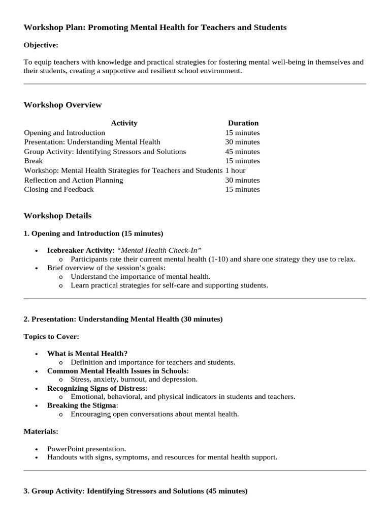 Mental Health Workshop for Educators | PDF | Mental Health | Stress ...