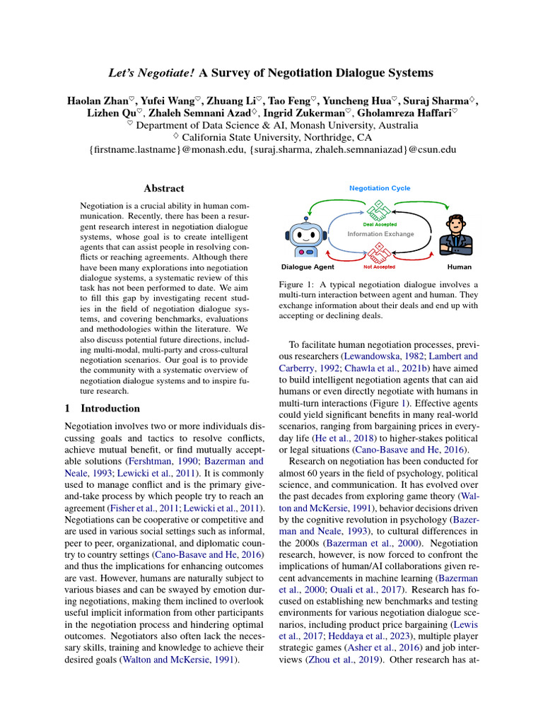 Survey of Negotiation Dialogue Systems | PDF | Negotiation | Learning